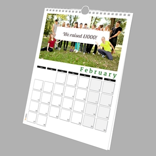 A calendar features team of people holding a banner